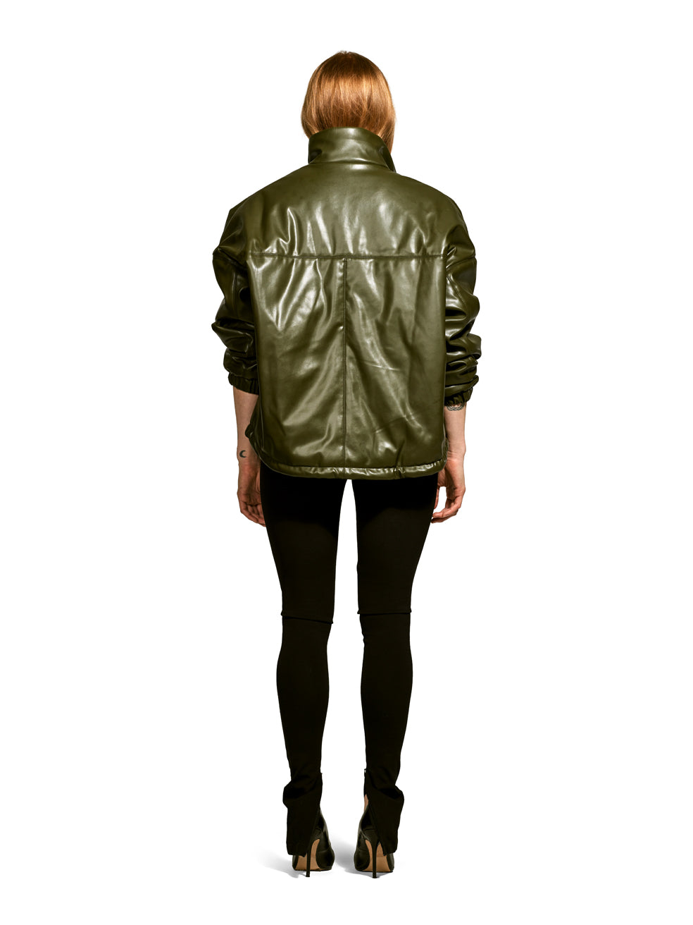 Billy Olive Faux Leather Cropped Bomber Jacket - Back View On Model 2