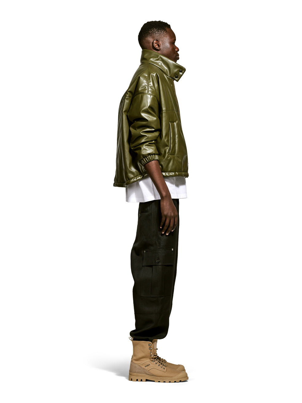 Billy Olive Faux Leather Cropped Bomber Jacket - Side View On Model 1