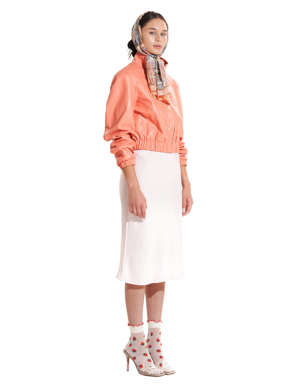 Shiloh Peach Vegan Leather Jacket - 3/4 View On Model