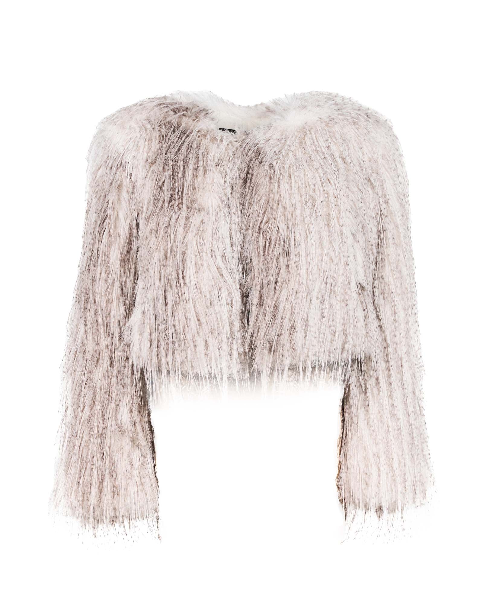 Premium cruelty-free faux fur jacket with long feathered fibers and an elegant collarless design.