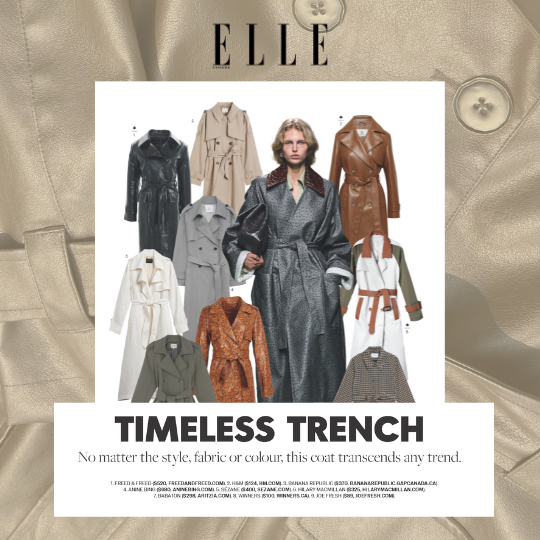 A FREED coat featured in a timeless trench article in Elle magazine.