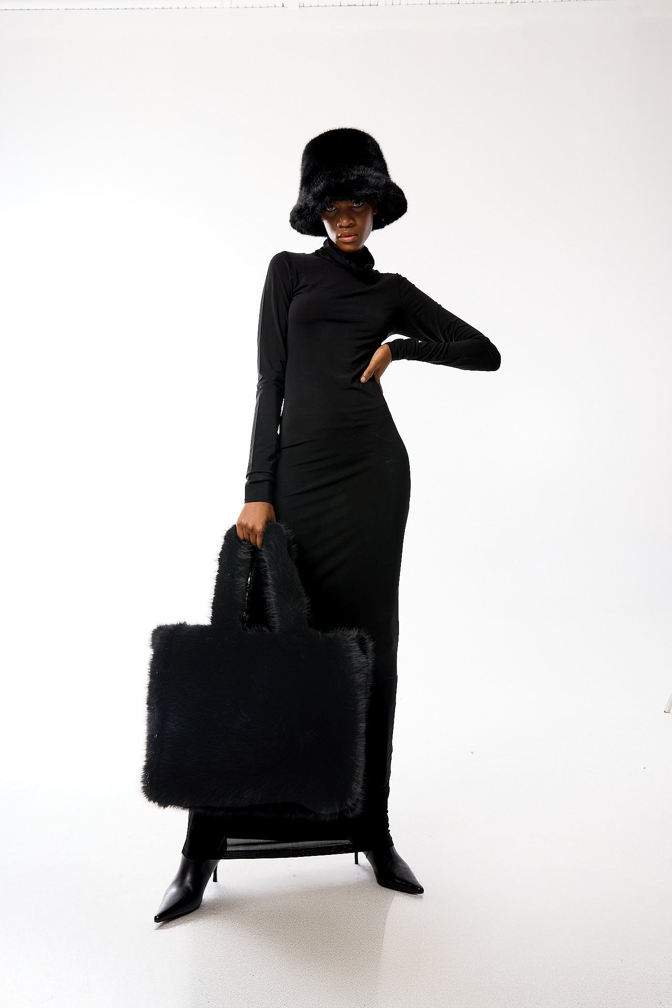 Ink Black Faux Fur Oversized Tote - Editorial Image On Model 
