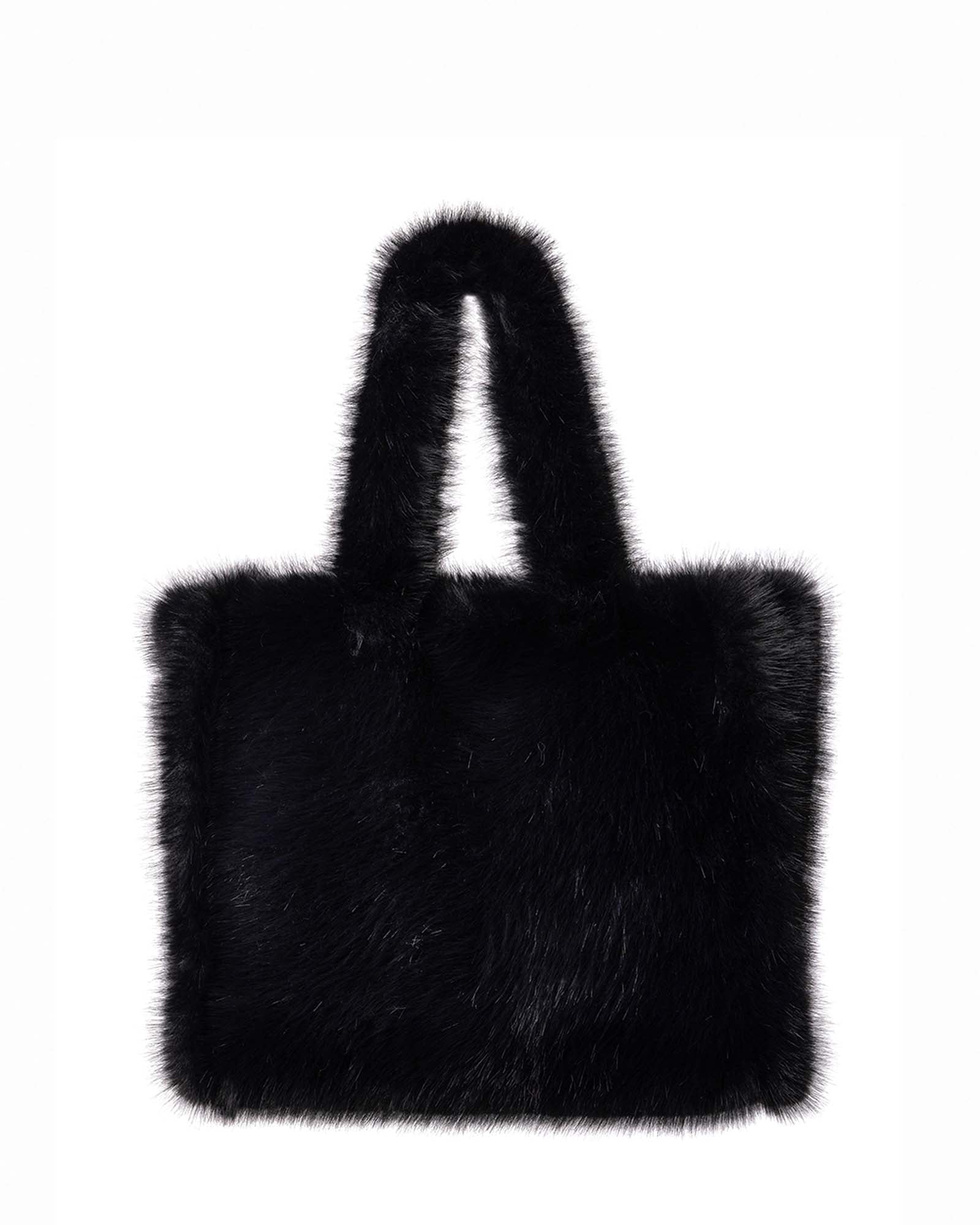 Ink Black Faux Fur Oversized Tote - Front View