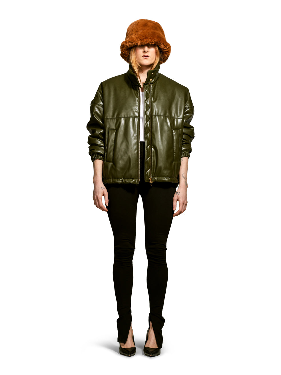Billy Olive Faux Leather Cropped Bomber Jacket - Front View On Model 2