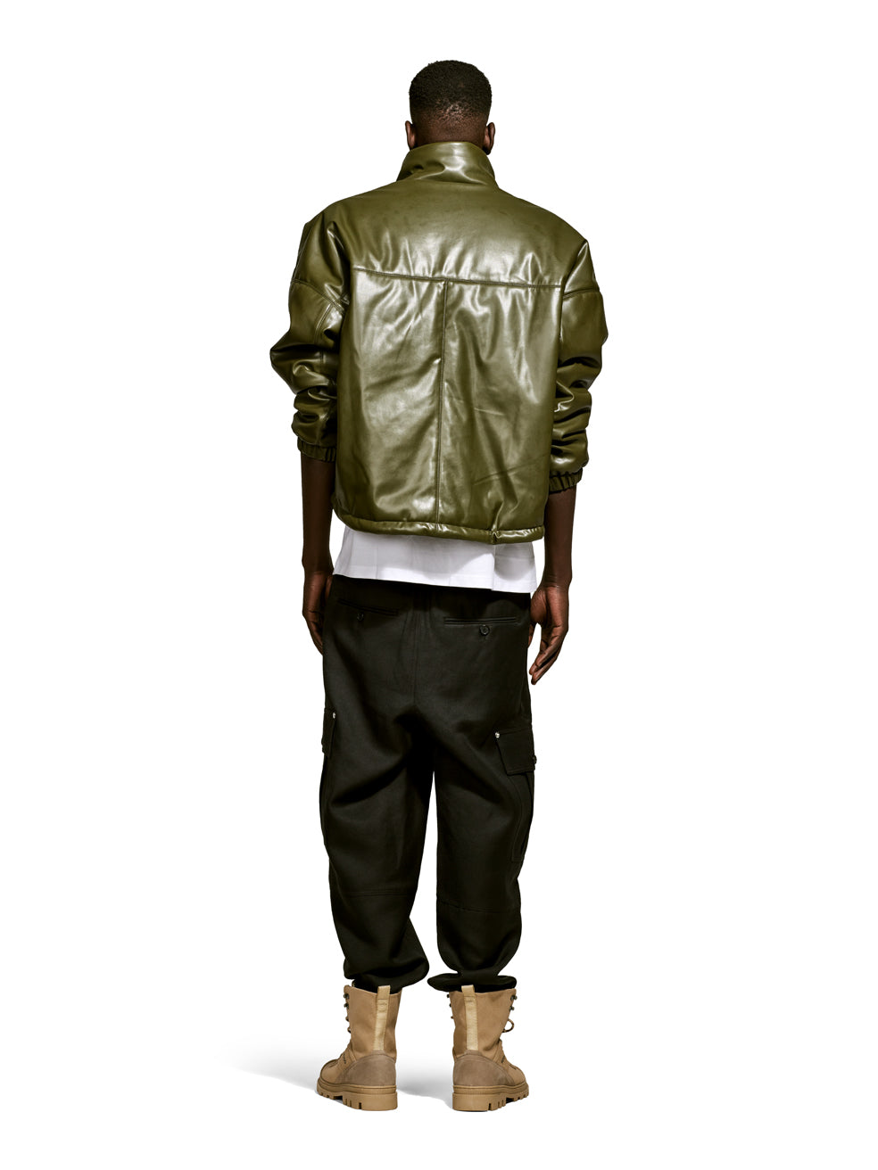 Billy Olive Faux Leather Cropped Bomber Jacket - Back View On Model 1