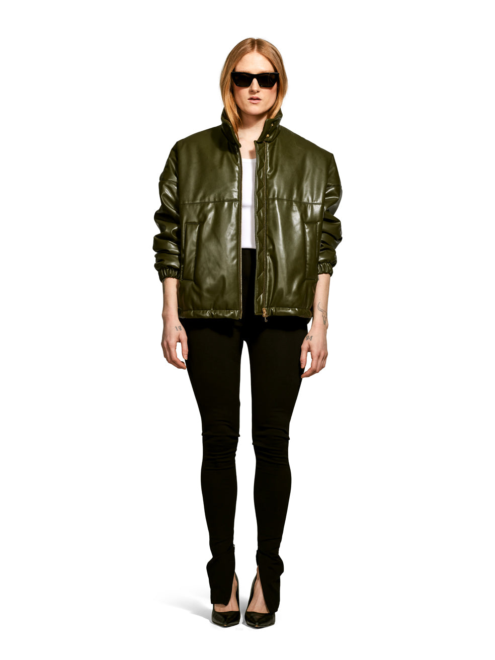 Billy Olive Faux Leather Cropped Bomber Jacket - Front View On Model 2