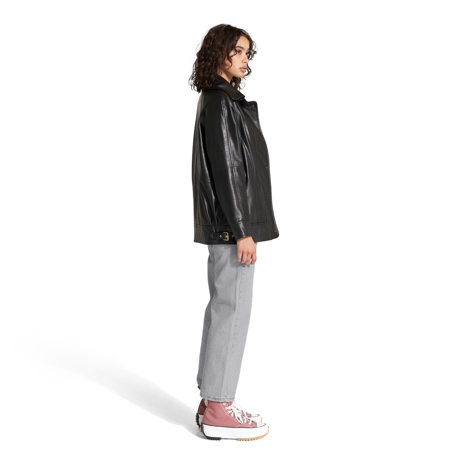 Stormi Black Vegan LLeather Zip Front Bomber Jacket Side